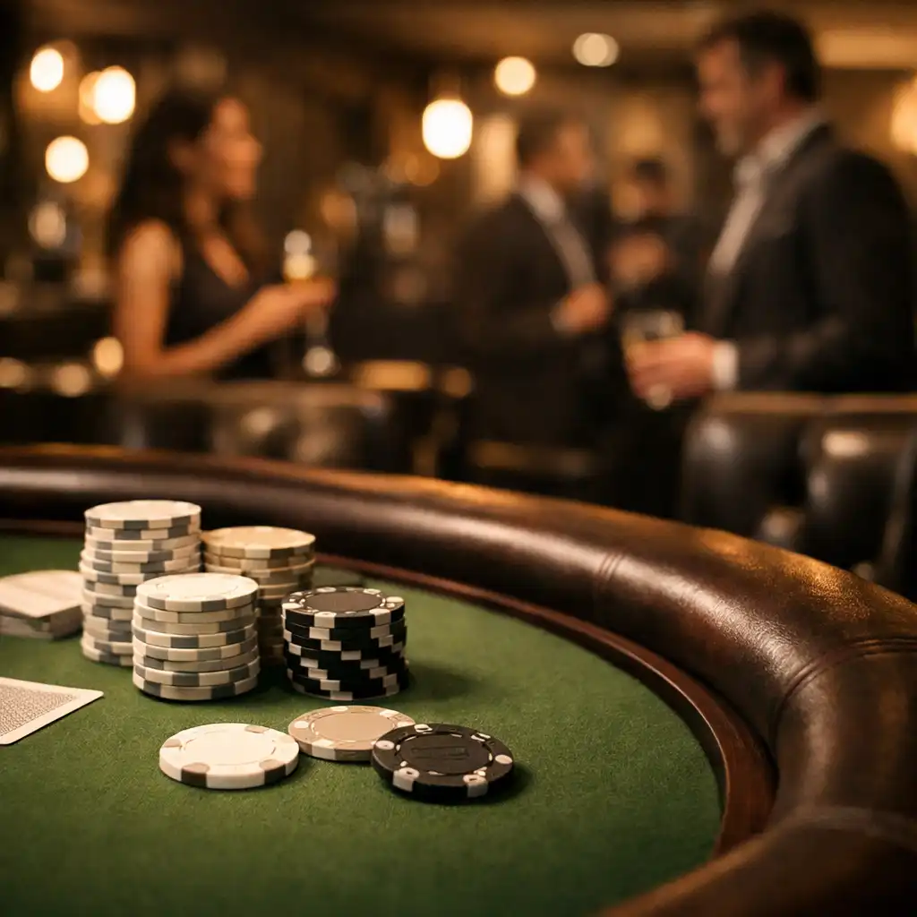 Close-up of a poker table with avocado green felt and warm lighting in the Card Lounge