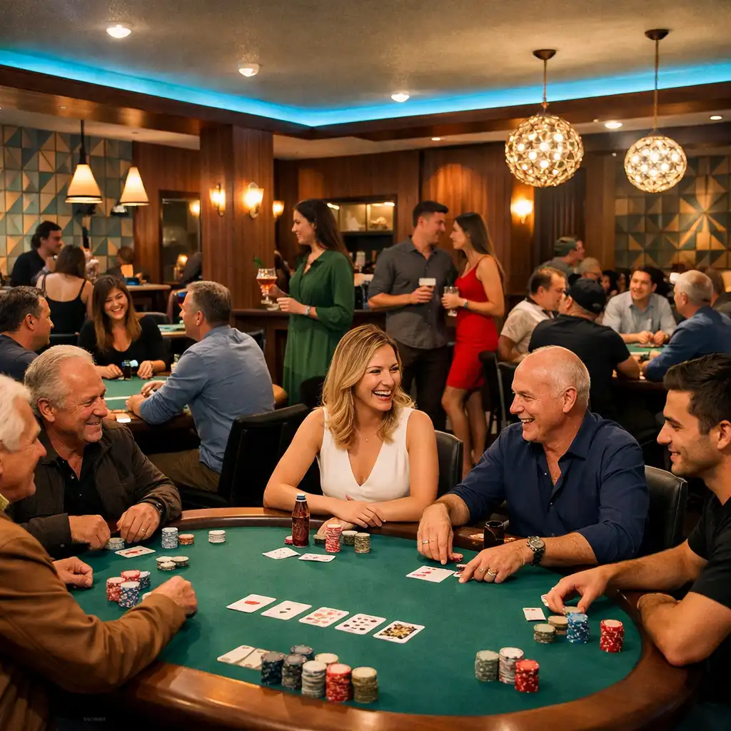 Wide view of the Card Lounge during a poker night, showing multiple physical poker tables and guests enjoying the evening