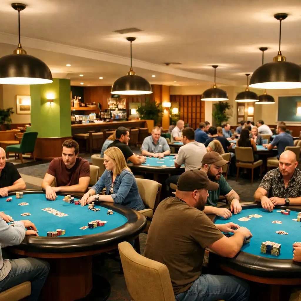 Wide view of the Card Lounge with multiple physical poker tables and people playing face-to-face