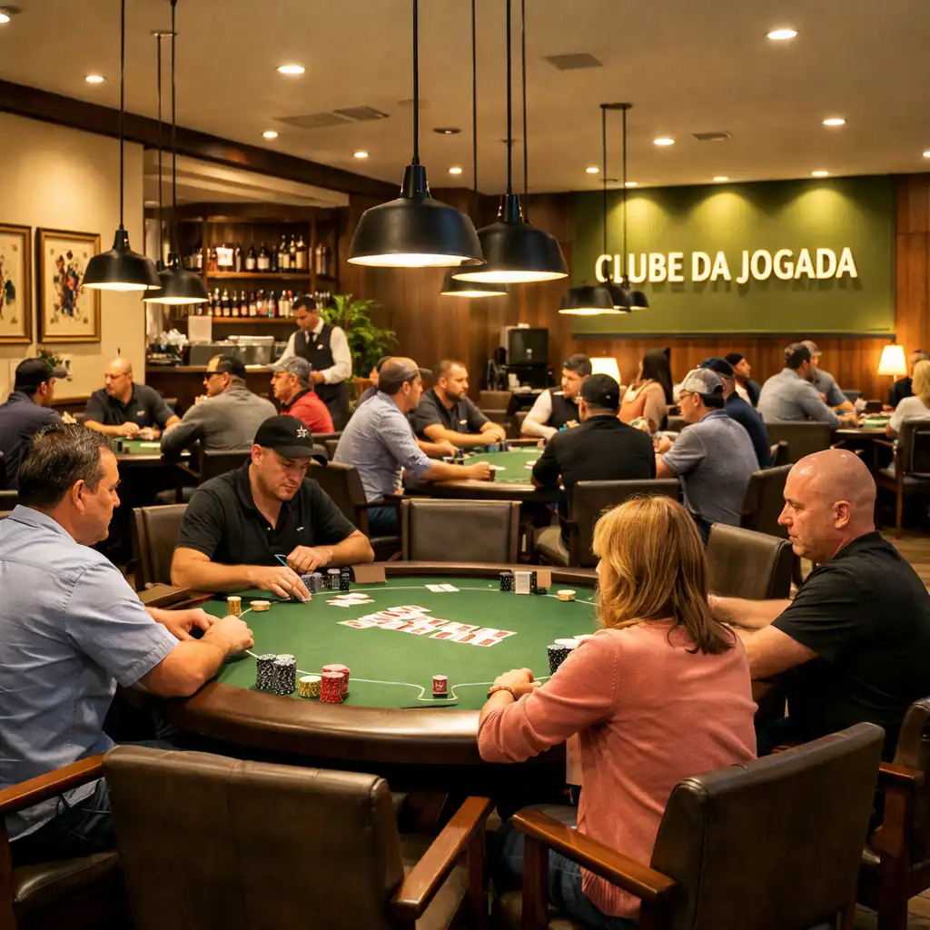 The Card Lounge at Clube da Jogada with multiple physical poker tables and players engaged in a Texas Hold'em session