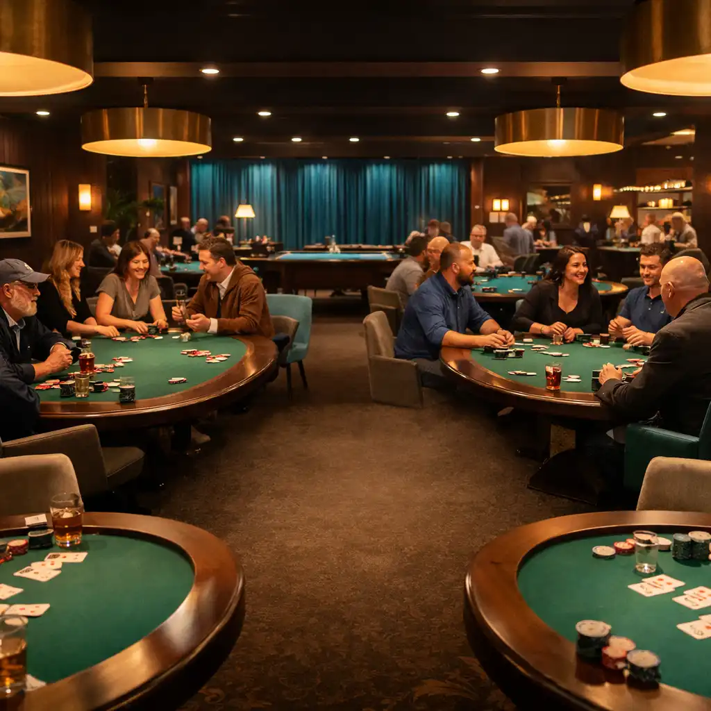 Wide view of the Card Lounge with physical poker tables and people playing Texas Hold'em