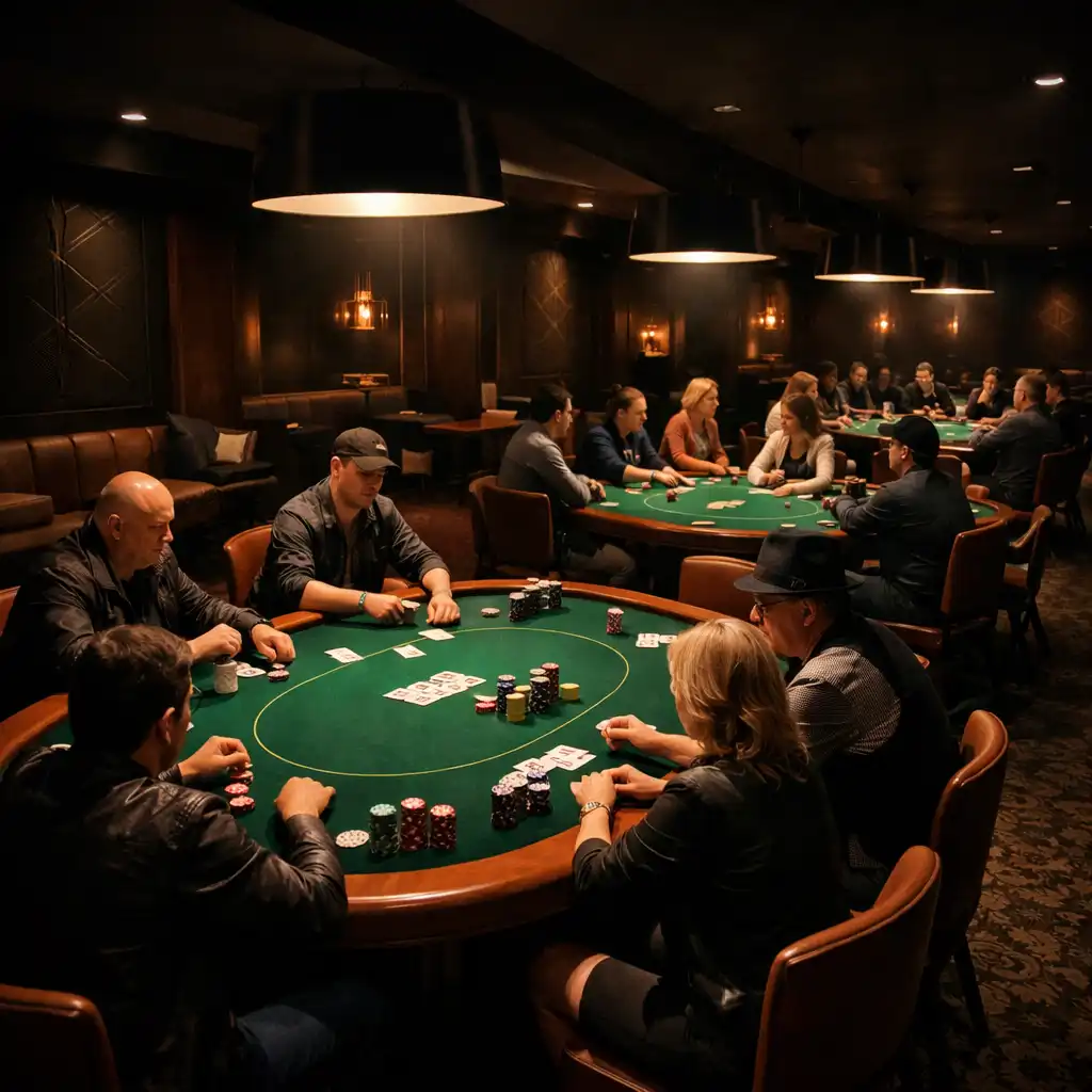 Wide view of the Card Lounge with multiple physical poker tables and players engaged in face-to-face play under focused lighting