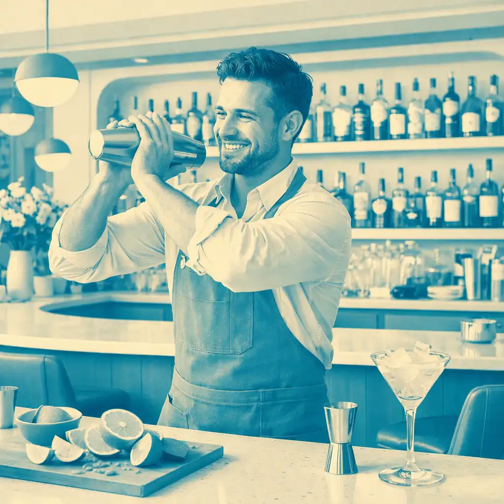 Bartender crafting a cocktail at the bright, airy Clube da Jogada bar