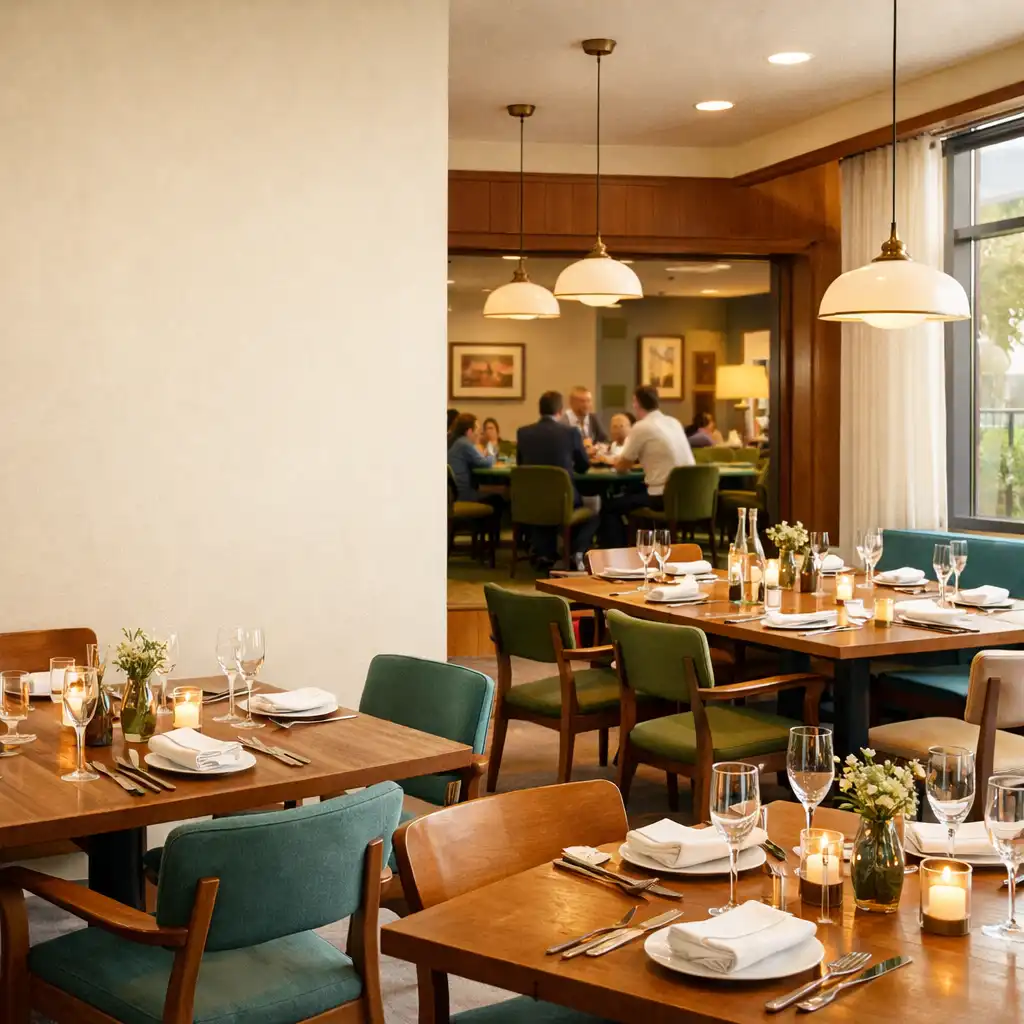 Bright dining room at Clube da Jogada with tables set for dinner and a glimpse of the Card Lounge in the background