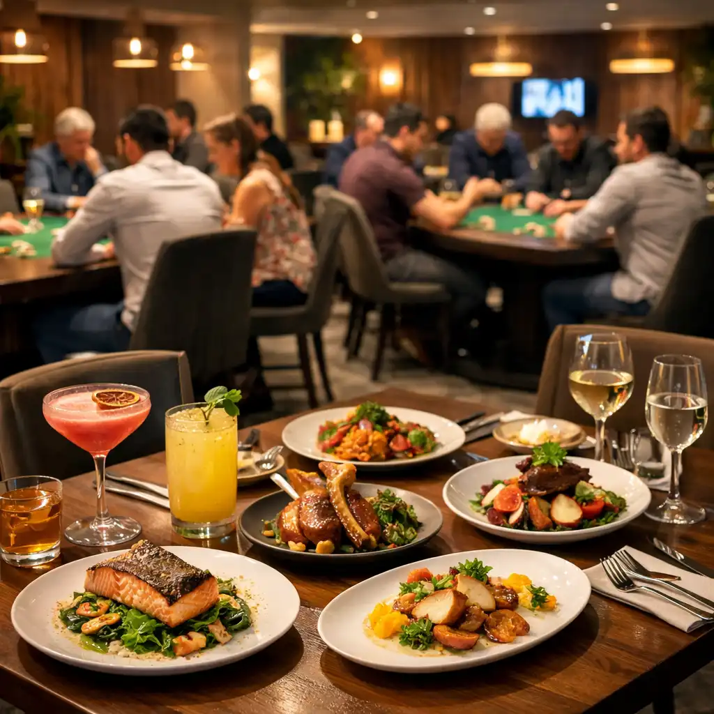 Beautifully set dining table with food and drinks, with the Card Lounge visible in the background