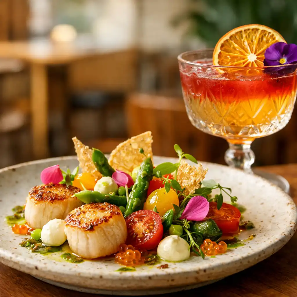 Beautifully plated contemporary Australian dish with a colourful cocktail in a bright mid-century dining room