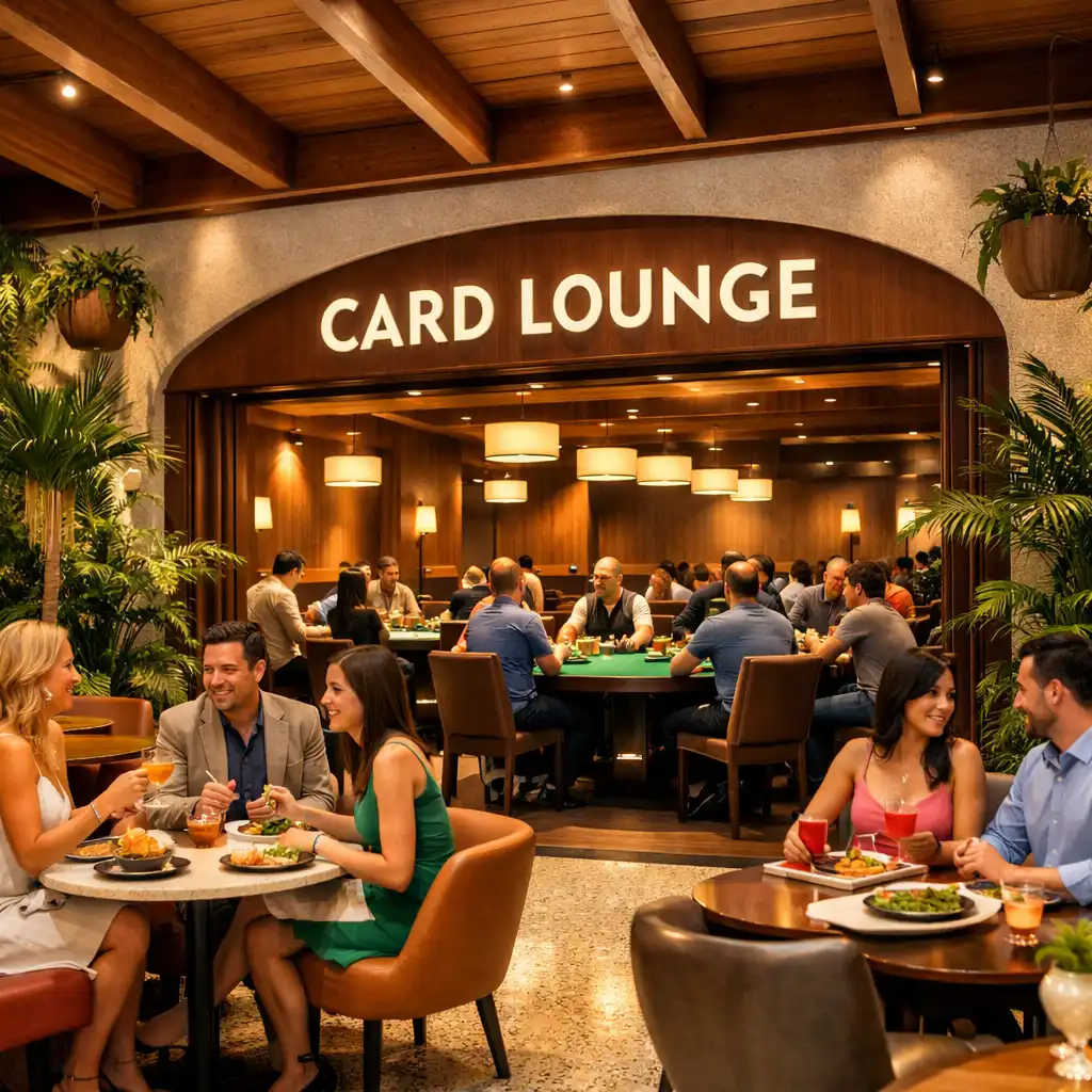 Bright mid-century social club atrium with guests dining and a visible Card Lounge opening revealing multiple physical poker tables