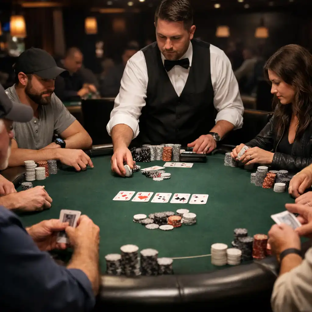 Live Texas Hold'em game in progress around a physical poker table