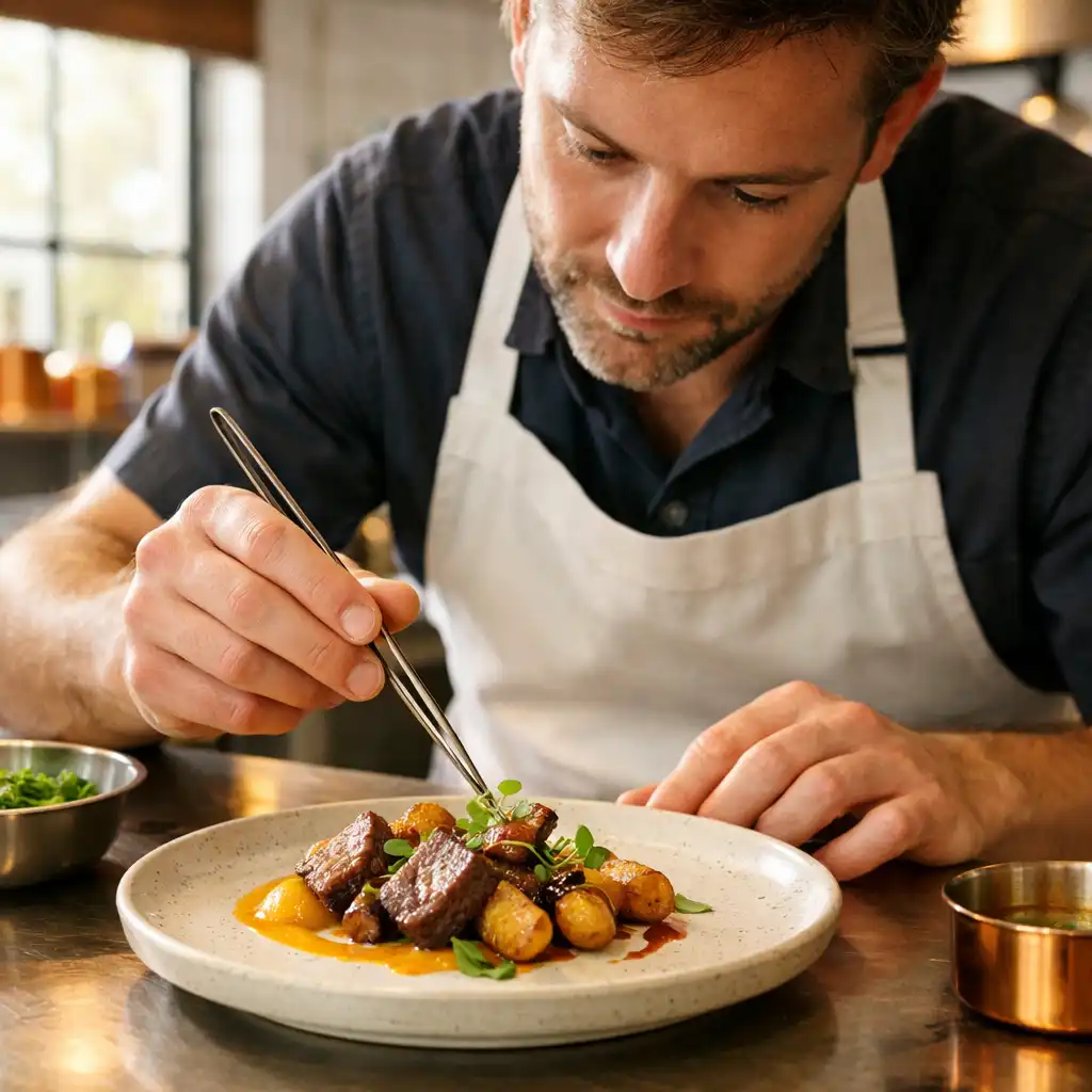 A chef carefully plating a modern Australian dish with tweezers in a bright kitchen