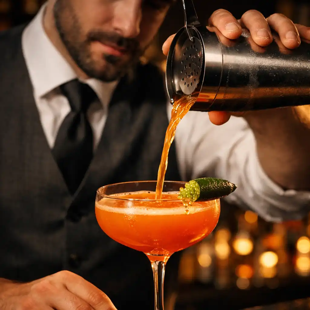 A bartender pouring a vibrant orange cocktail into a coupe glass in a moody, backlit bar