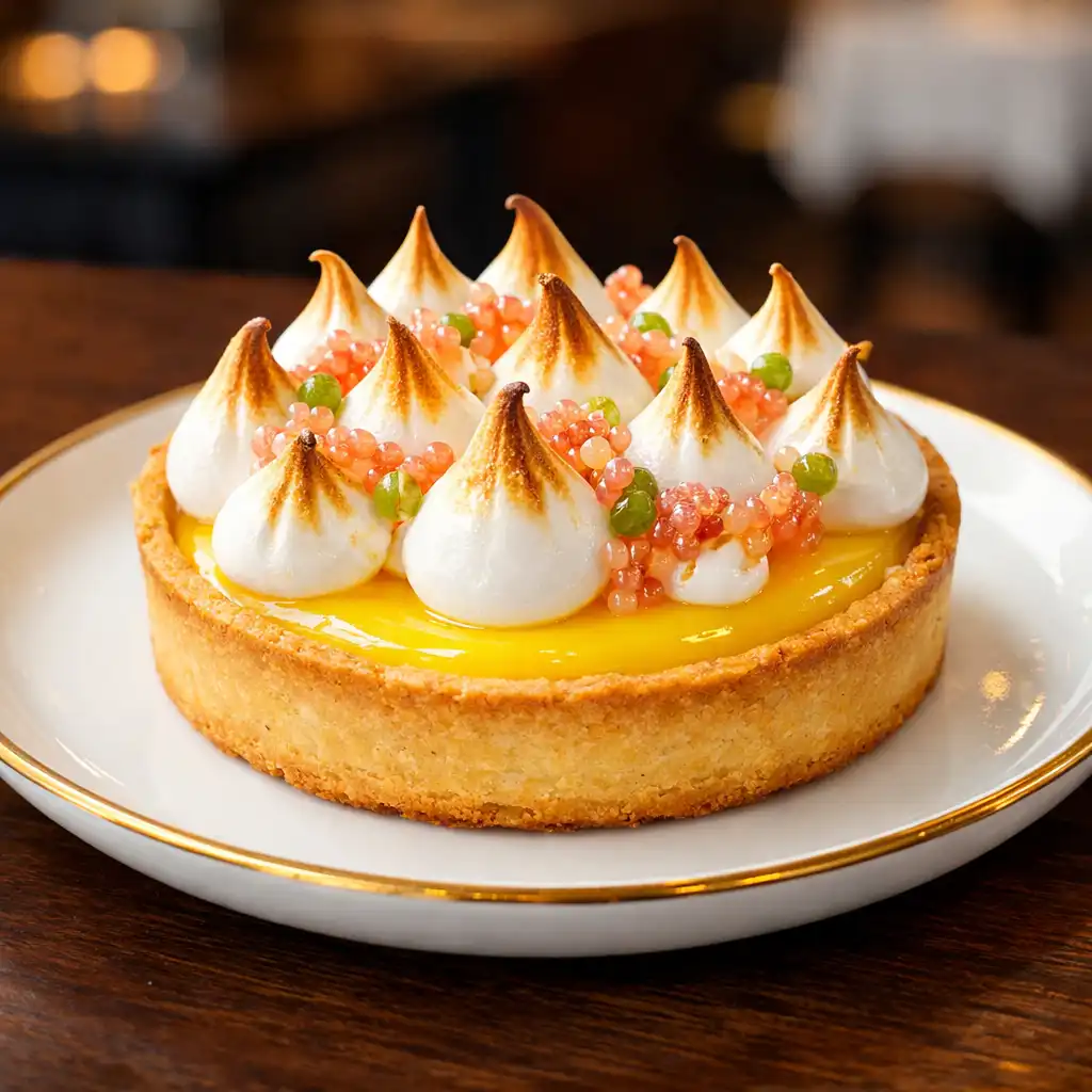 A plated citrus tart with torched meringue peaks and finger lime pearls