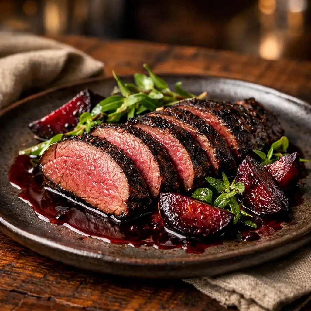 Charred kangaroo loin with pepperberry crust, roasted beetroot, and Davidson plum jus