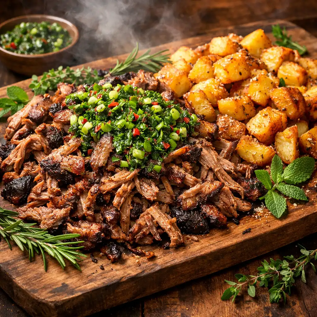Smoked lamb shoulder with native mint salsa and crispy potatoes on a sharing board