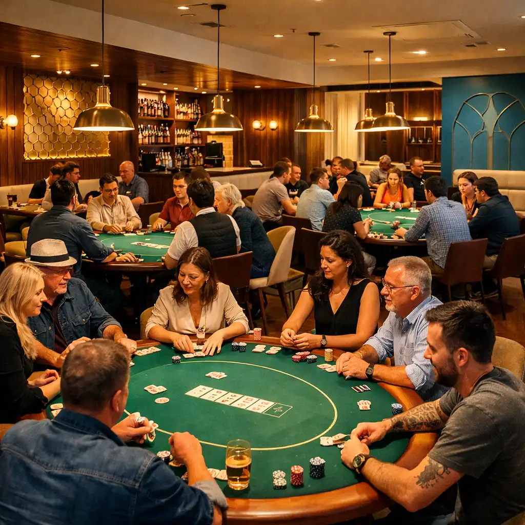 Wide view of the Clube da Jogada Card Lounge with multiple physical poker tables and people playing face-to-face under warm focused lighting