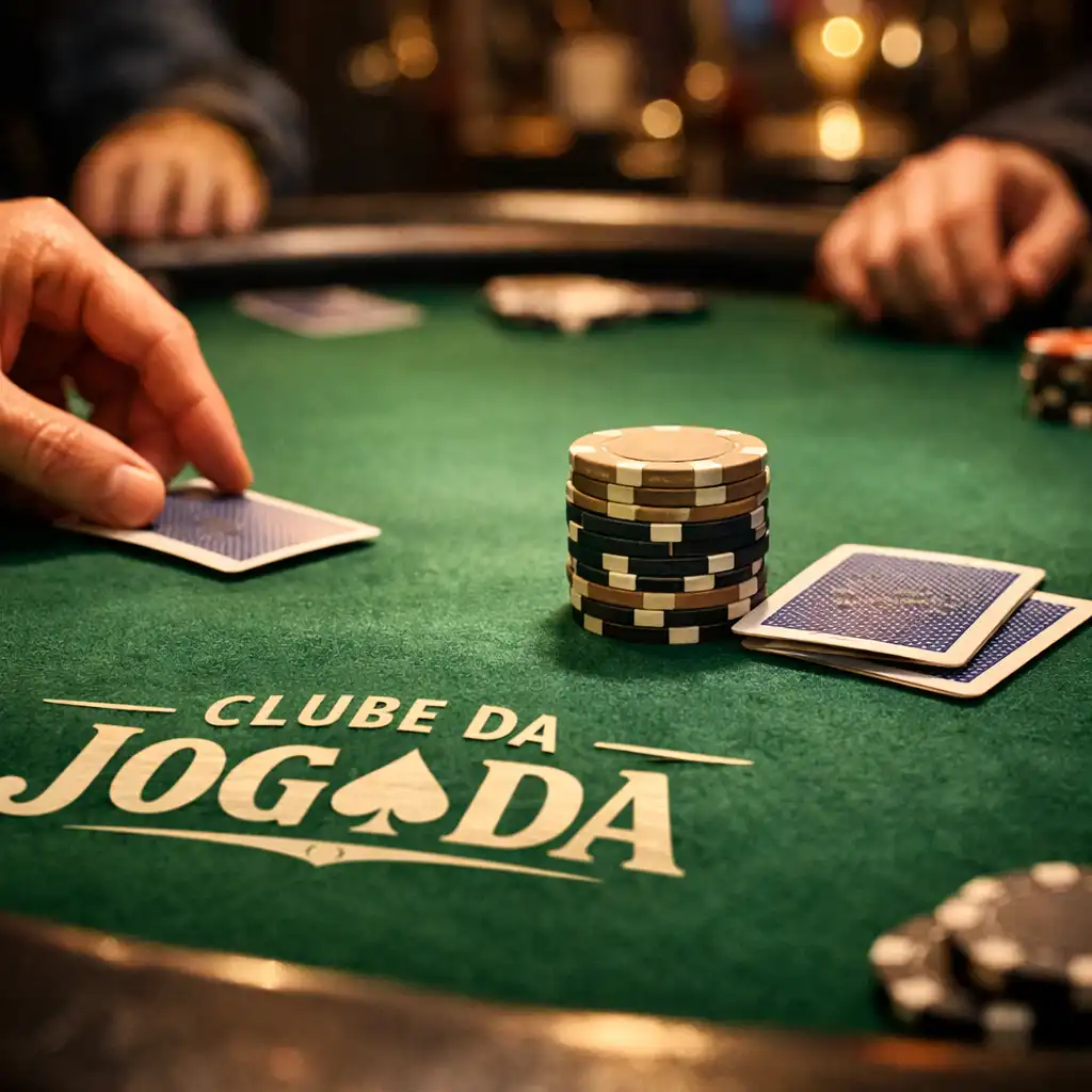Close-up of a physical poker table with green felt, cards, and players' hands under a warm spotlight