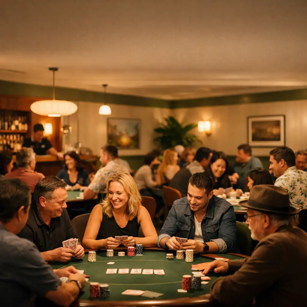 A lively poker night at Clube da Jogada with people gathered around physical poker tables in the Card Lounge