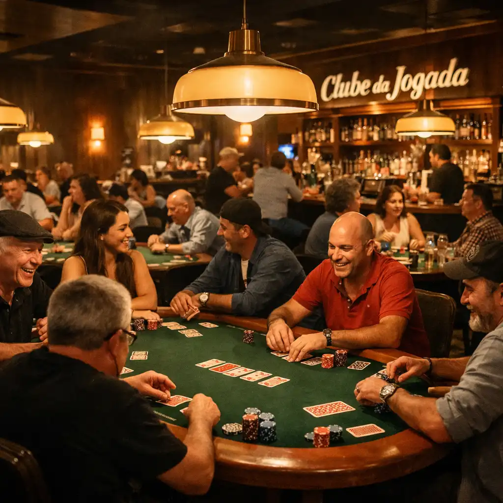 Players laughing and interacting around physical poker tables during a poker night at Clube da Jogada
