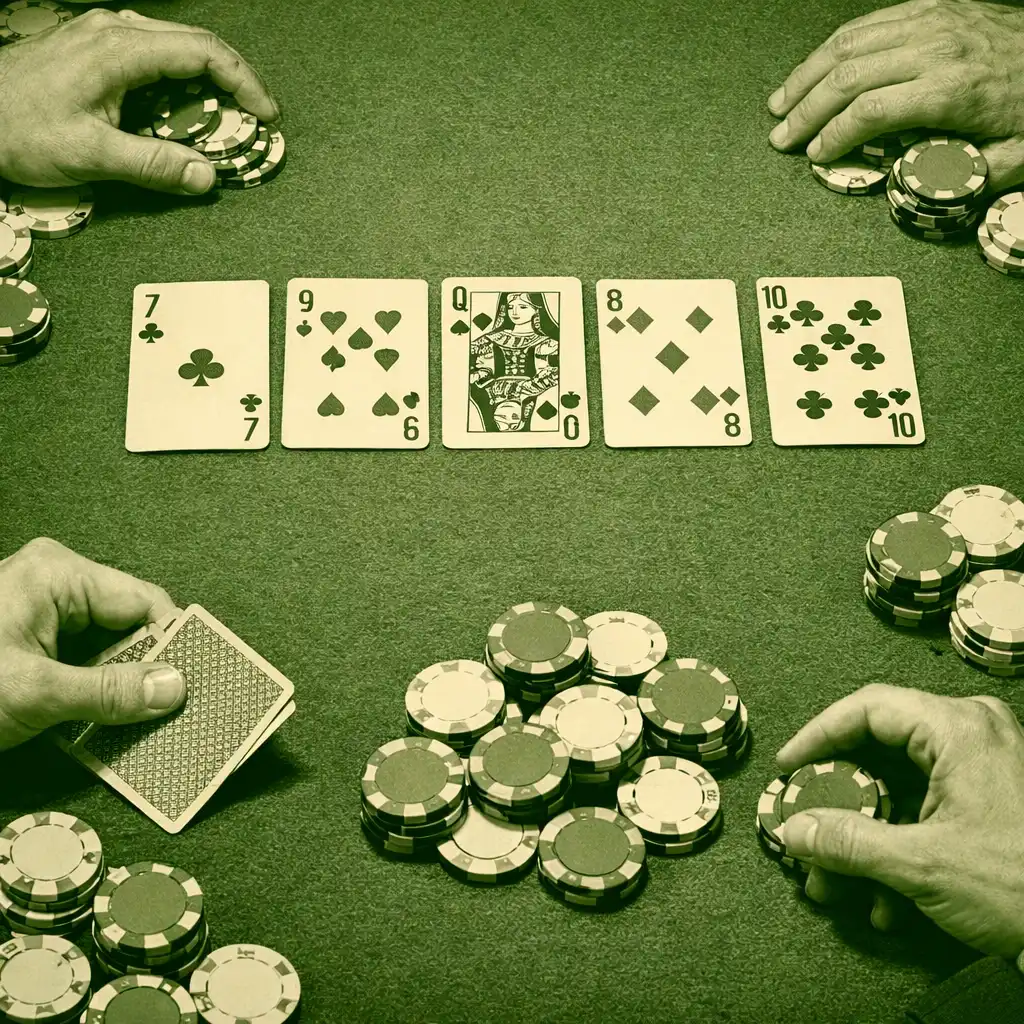 Top-down close-up of a physical poker table with playing cards and neutral chips