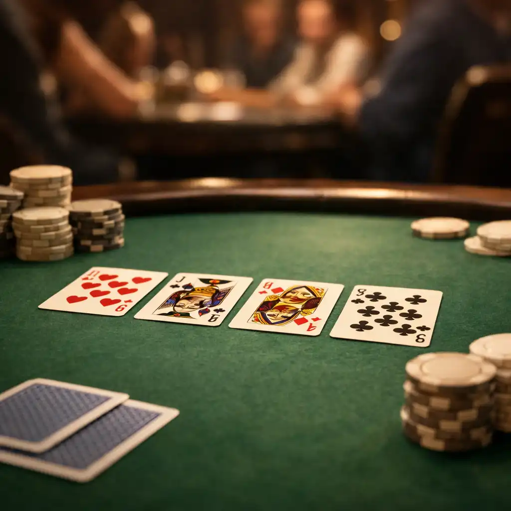 Close-up of a poker table felt with fanned playing cards and neutral chips under focused lighting