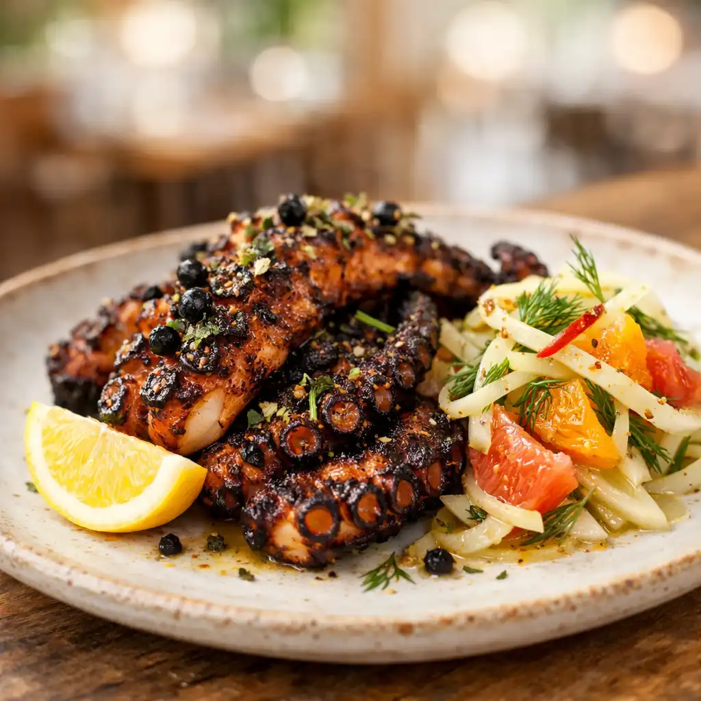 Charred octopus with native pepper and lemon myrtle dressing, served with fennel and citrus salad