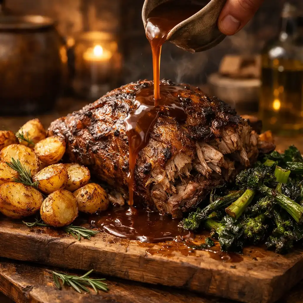 Slow-roasted lamb shoulder with rosemary potatoes, charred greens, and rich jus