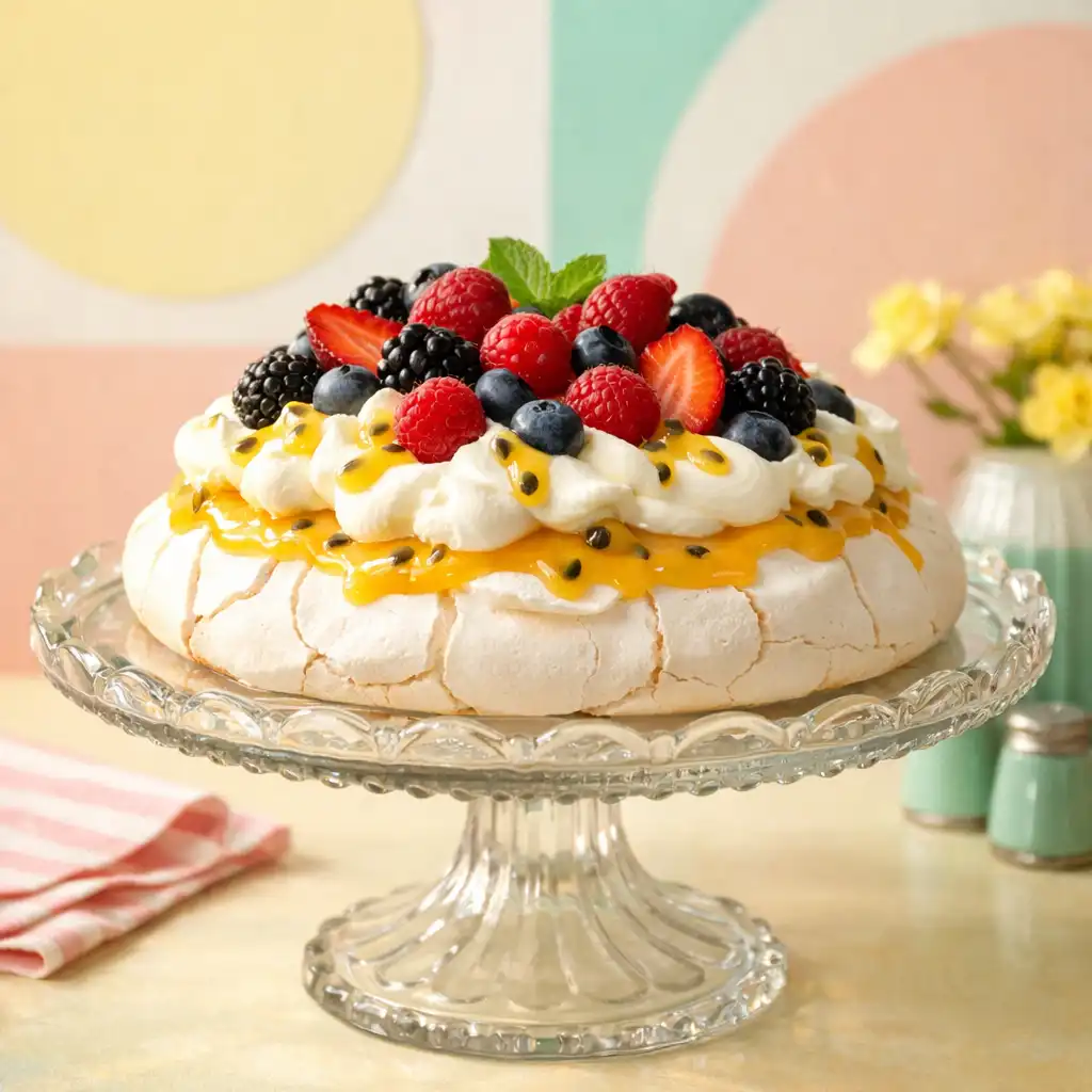 Pavlova with passionfruit curd, fresh cream, and seasonal berries