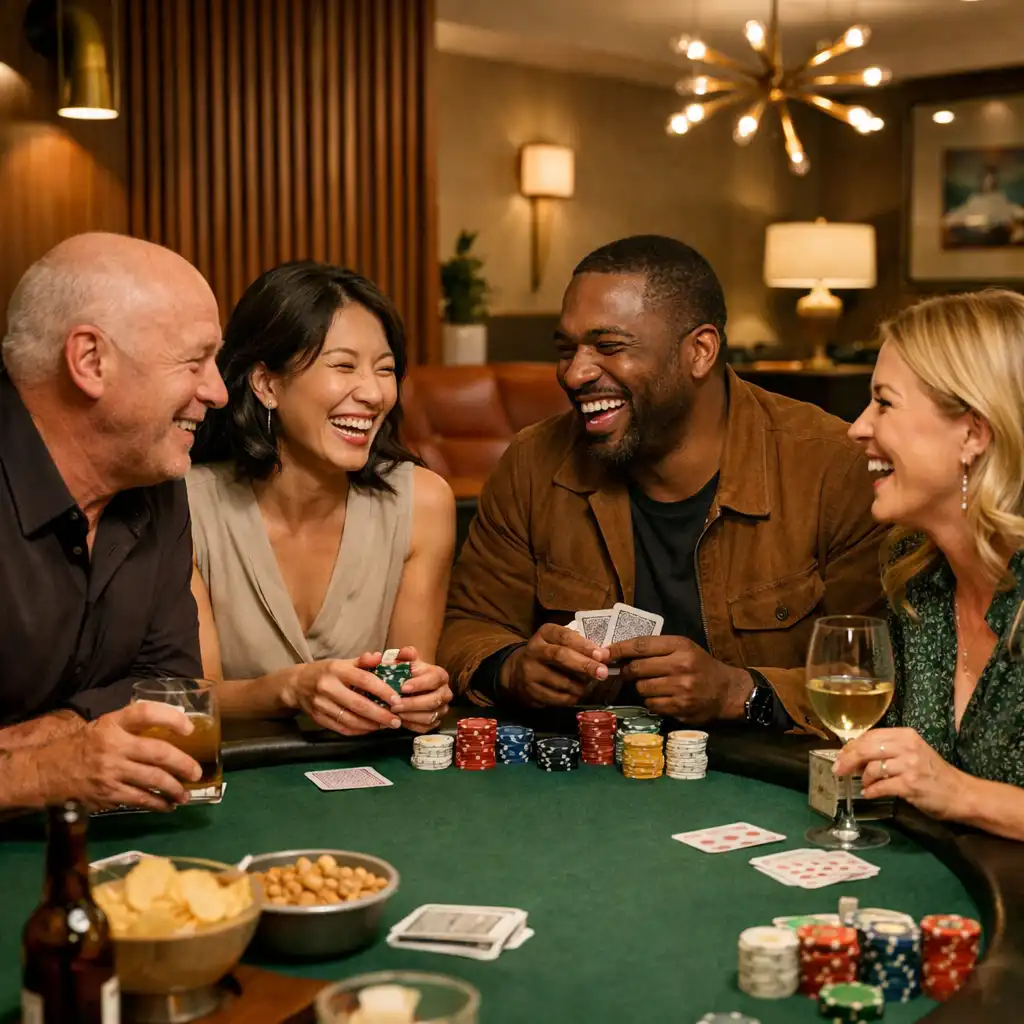 People laughing and talking around a poker table in the Card Lounge