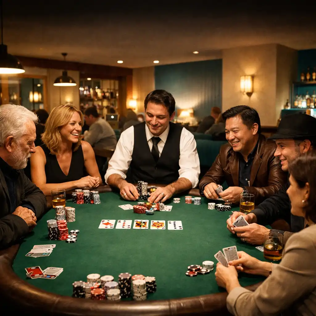 Players seated around a physical poker table during a Texas Hold'em game at Clube da Jogada